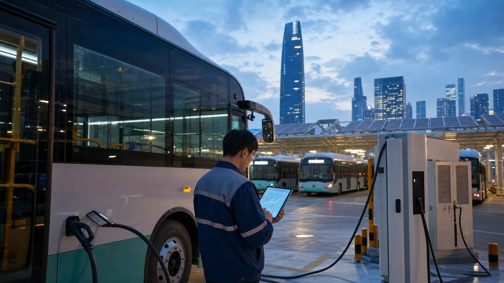 A transit engineer reviews vehicle telemetry beside an electric bus charging at a solar-equipped urban depot in Shenzhen.