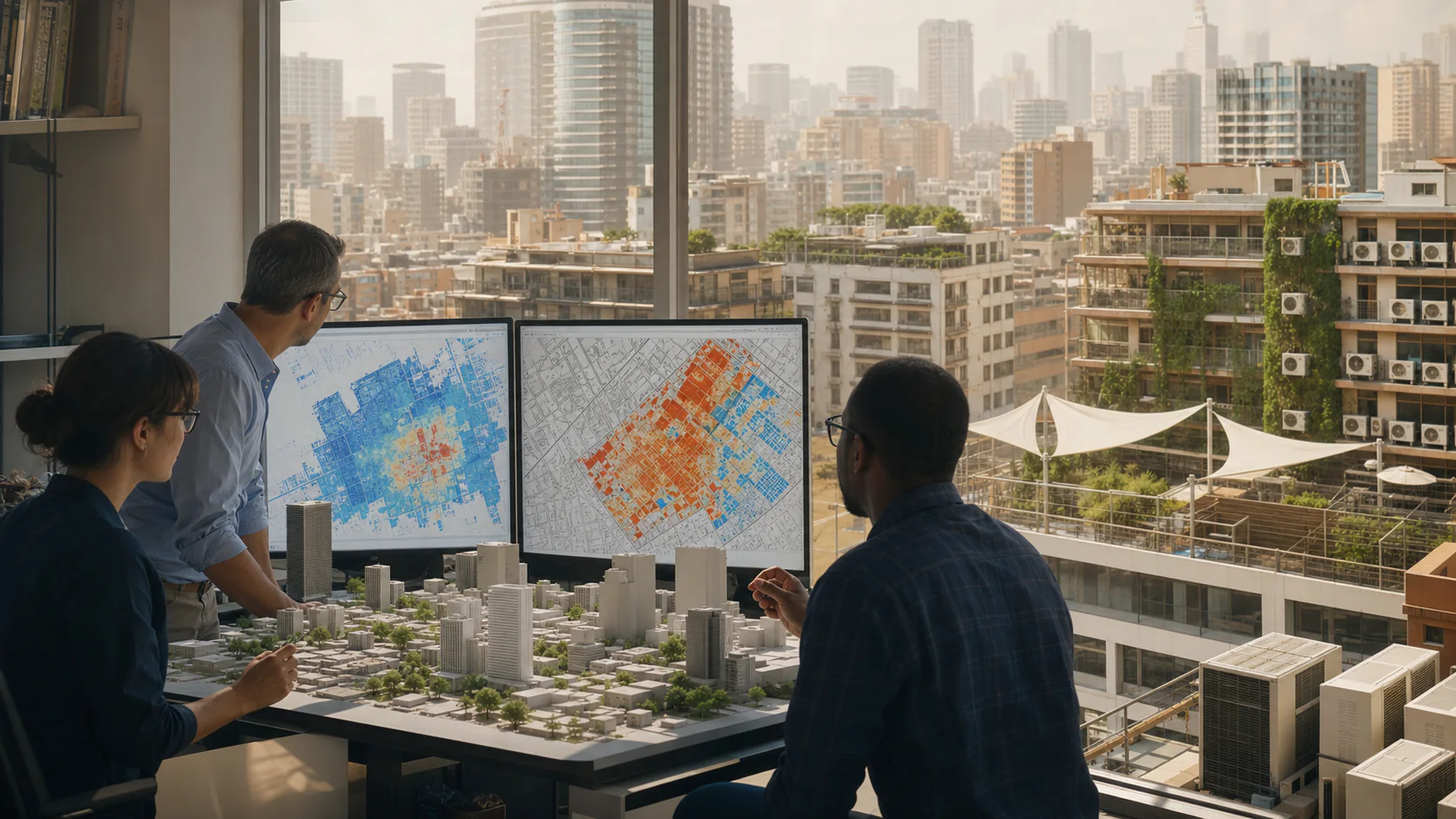 Energy planners compare heating and cooling demand maps with a physical city model while a heat-hazed urban district is visible outside.