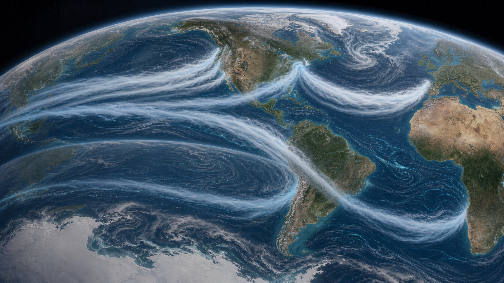 A scientific conceptual view of Earth shows long narrow water-vapor corridors reaching western continental coasts over the Pacific and Atlantic.