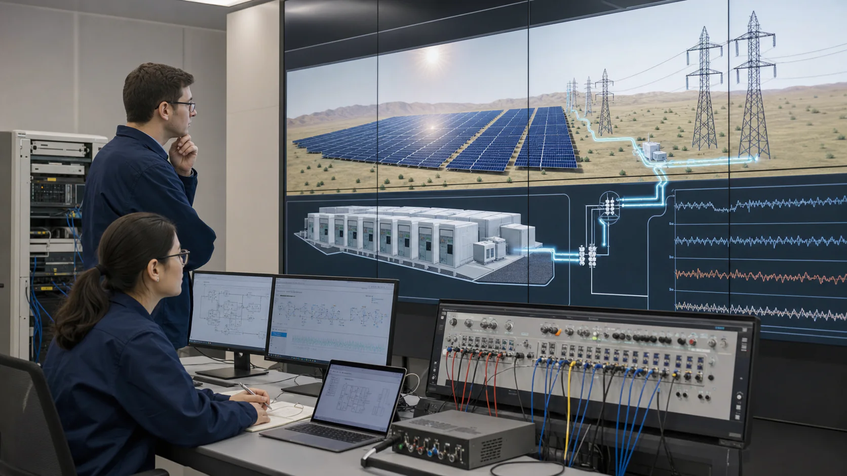 Engineers use a laboratory console and digital twin to test a modeled solar plant, battery system, transmission grid, and disturbance traces.
