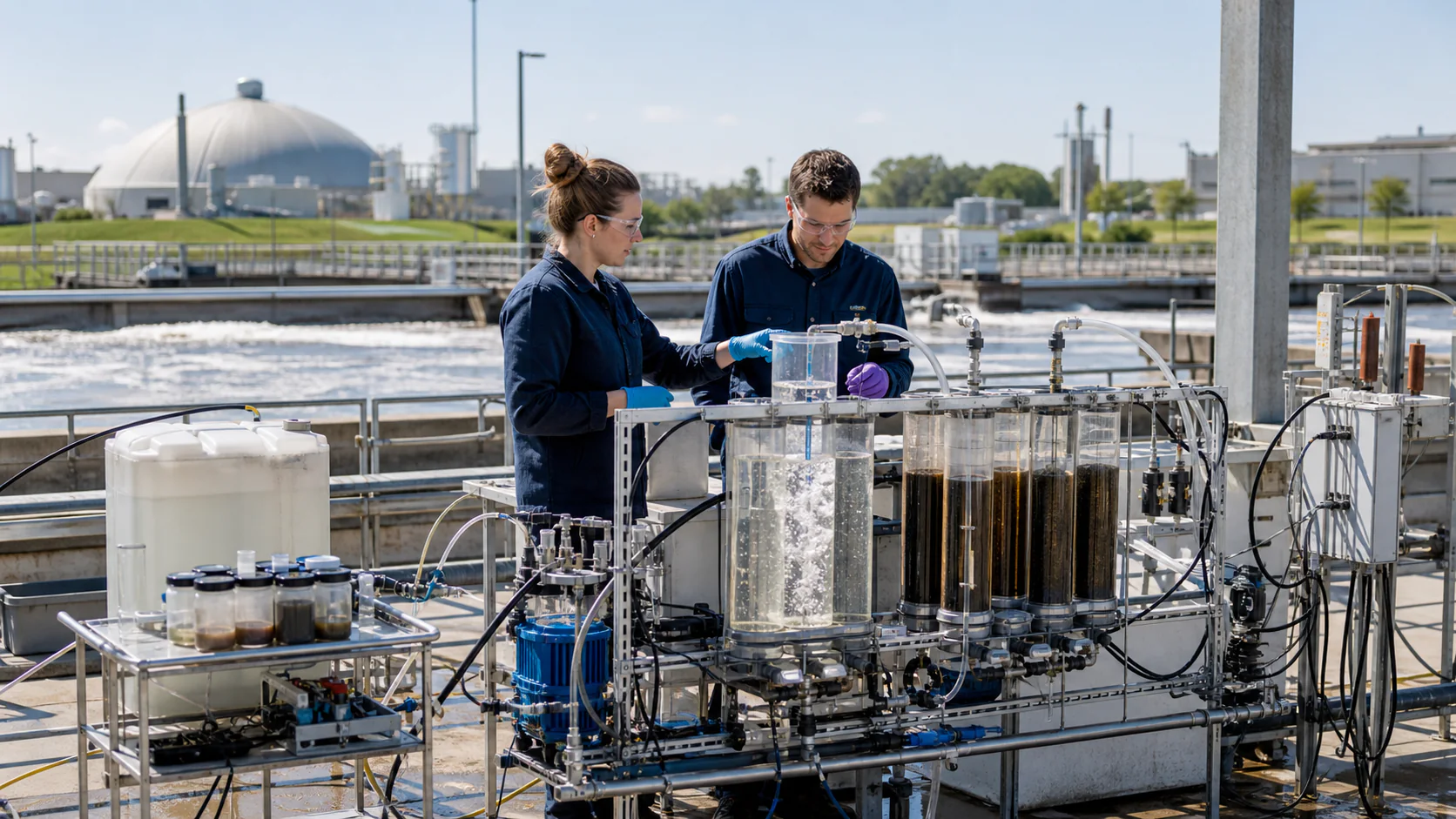 Water engineers inspect a compact moving-bed biofilm pilot with bubbles active in only part of the reactor at a municipal wastewater plant.