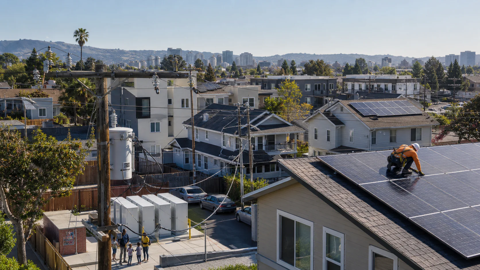 A technician works on neighborhood rooftop solar beside distribution poles, transformers, apartment buildings, and community battery cabinets.