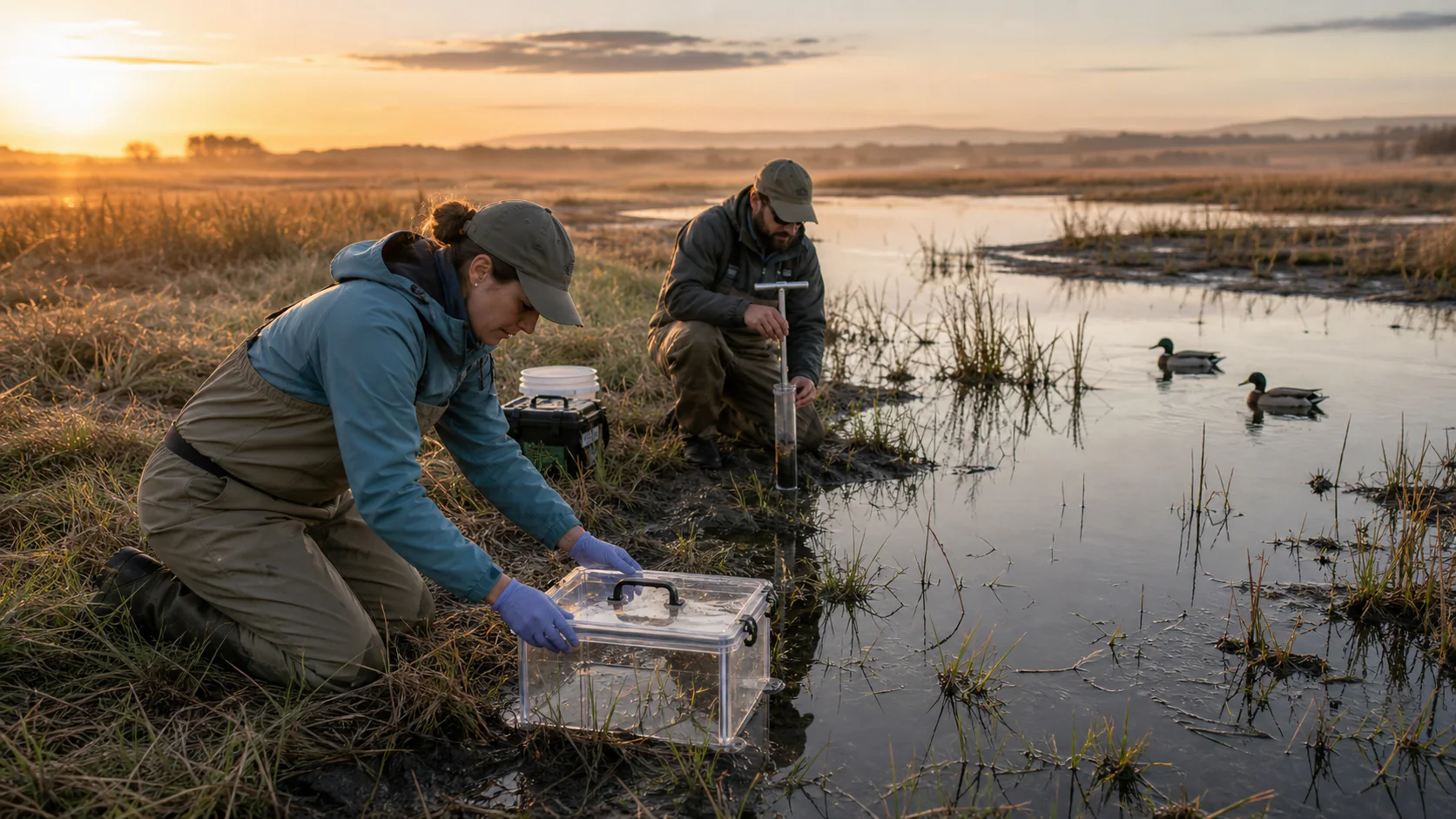 Field researchers use a transparent methane chamber and sediment corer at dawn beside a Prairie Pothole wetland with waterfowl habitat.