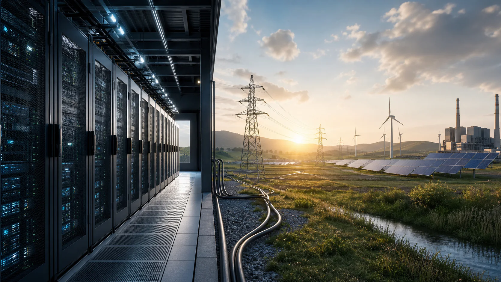 A conceptual server hall connects to transmission lines, wind turbines, solar panels, and conventional generation in a mixed electric grid.