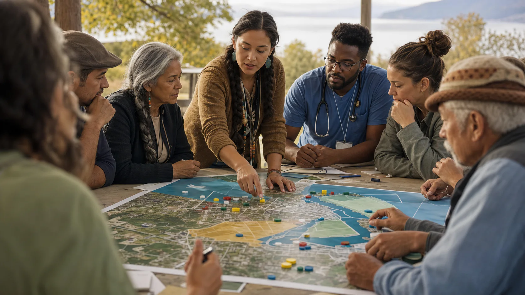 Residents, a health worker, and local planners work together around a tabletop map marked with practical climate-risk choices.