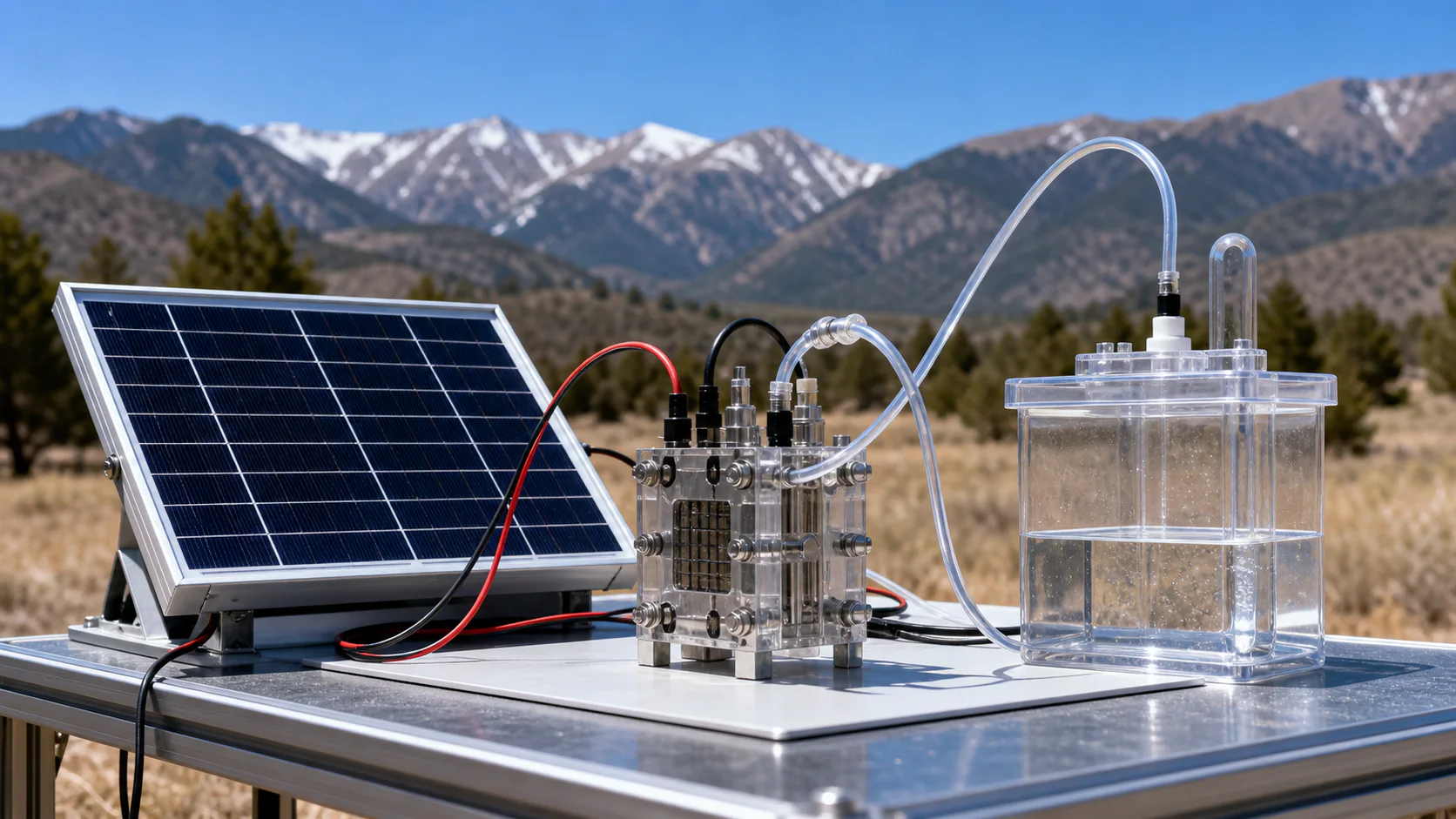 A small outdoor research rig pairs a silicon solar mini-module with a transparent water-fed electrolyzer and reservoir against Colorado foothills.