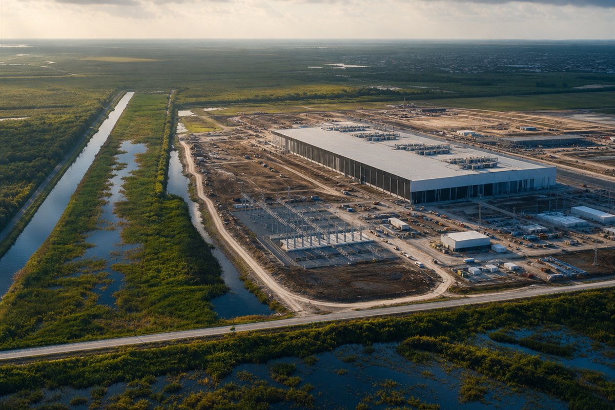 A proposed data-center campus is shown near Everglades wetlands, canals, and community infrastructure.