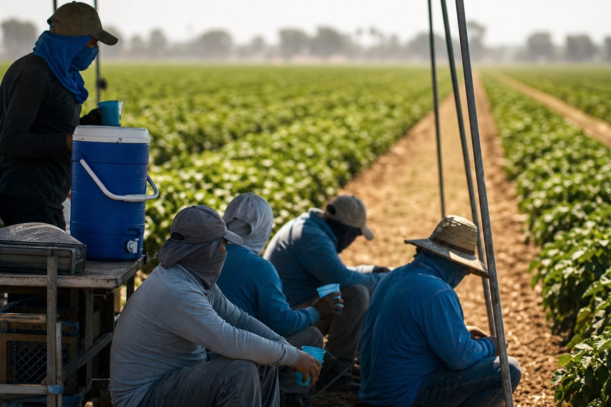 Florida farmworkers pause for shade, water, and heat-safety planning during hot field conditions.