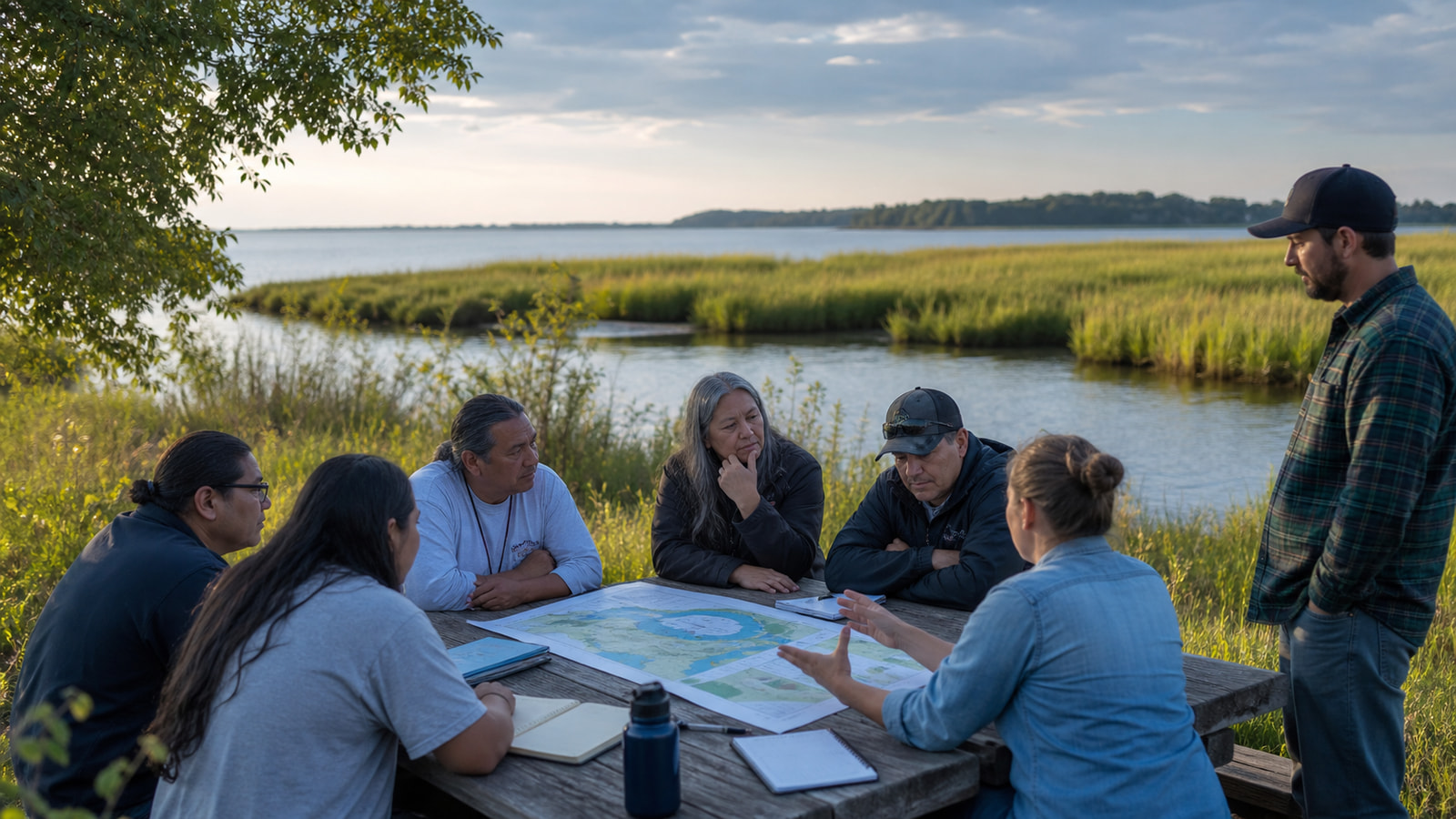 Watershed planners and tribal conservation representatives review Chesapeake Bay restoration maps beside a tidal marsh.