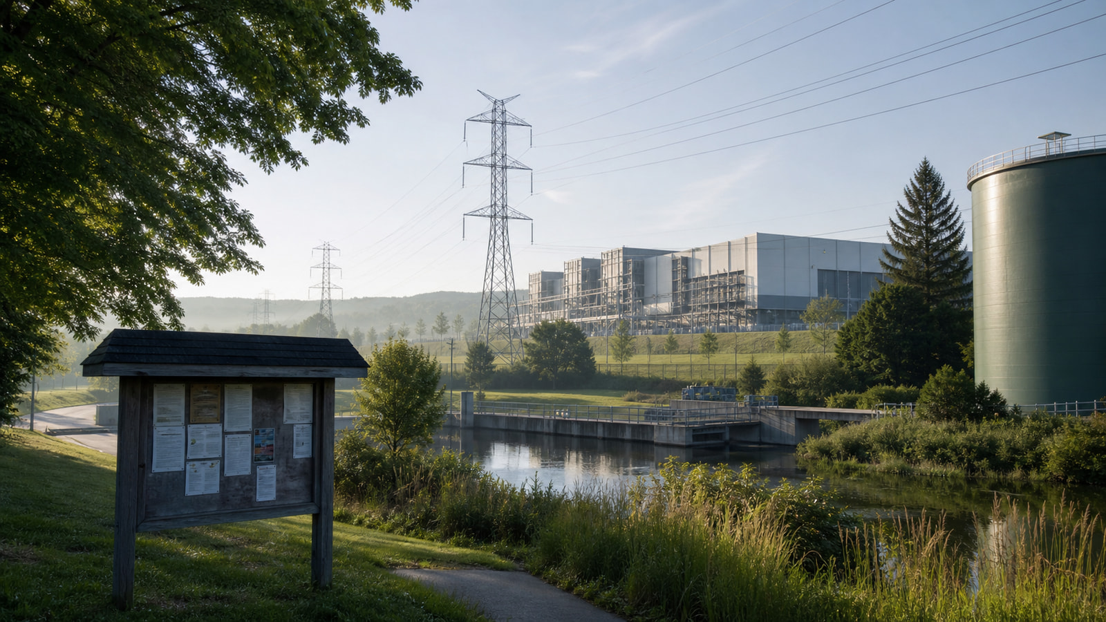 A New York data-center campus sits near transmission lines, water infrastructure, and a community notice board during a permitting debate.