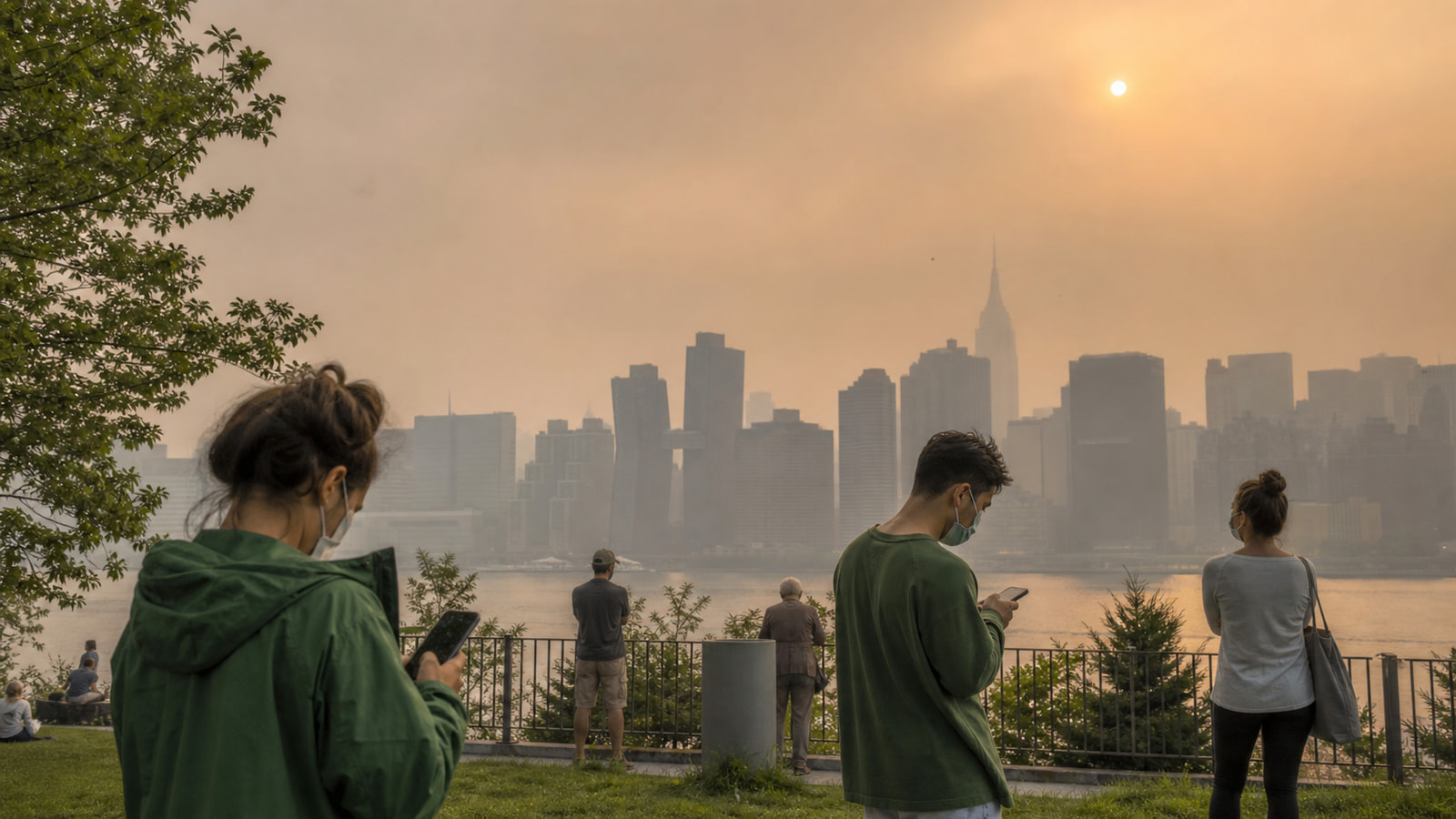 People check air-quality conditions as wildfire smoke hazes a Northeast city skyline.