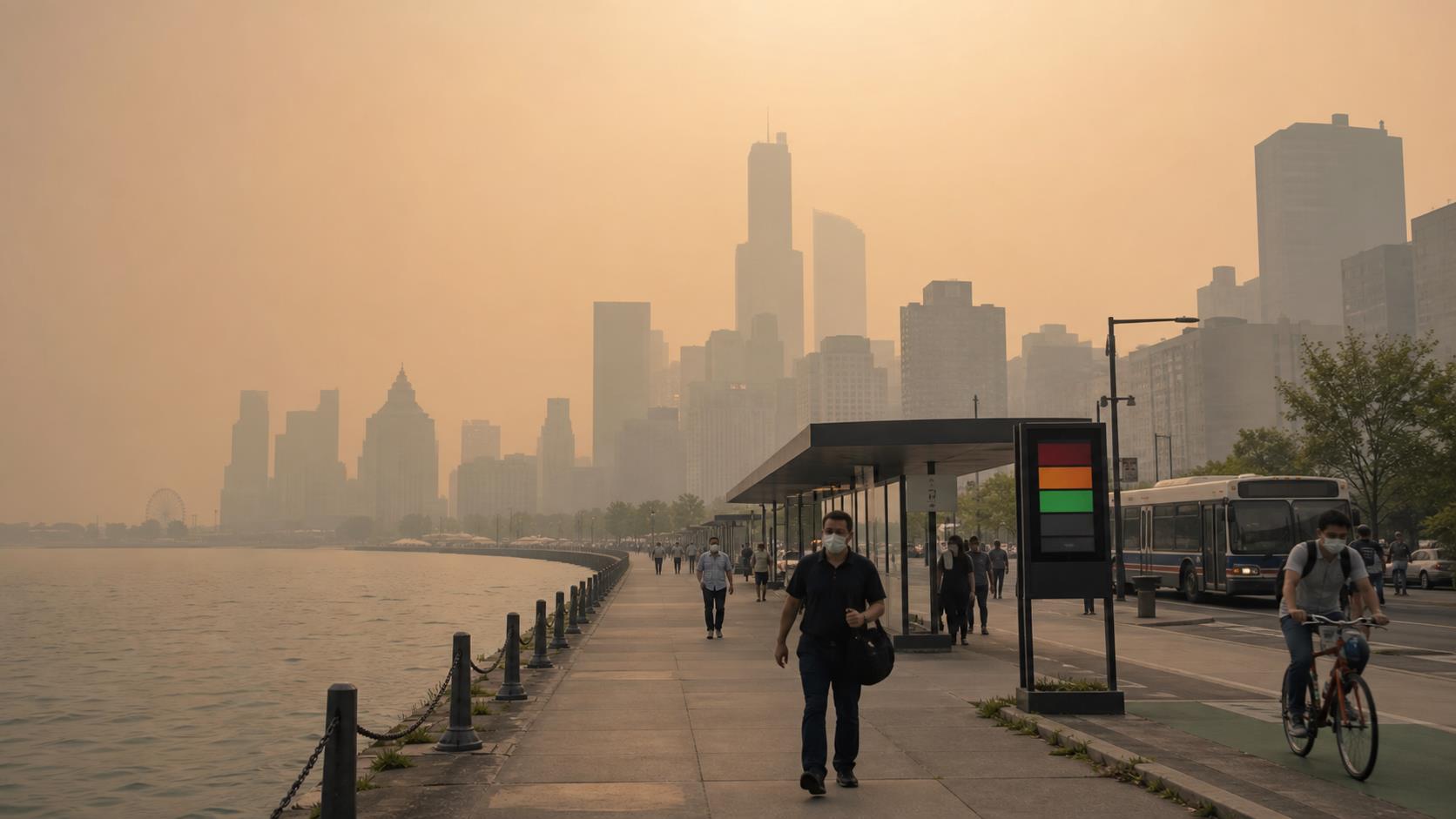 A smoke-hazed Great Lakes city waterfront shows low visibility and commuters responding to bad-air conditions far from wildfire flames.