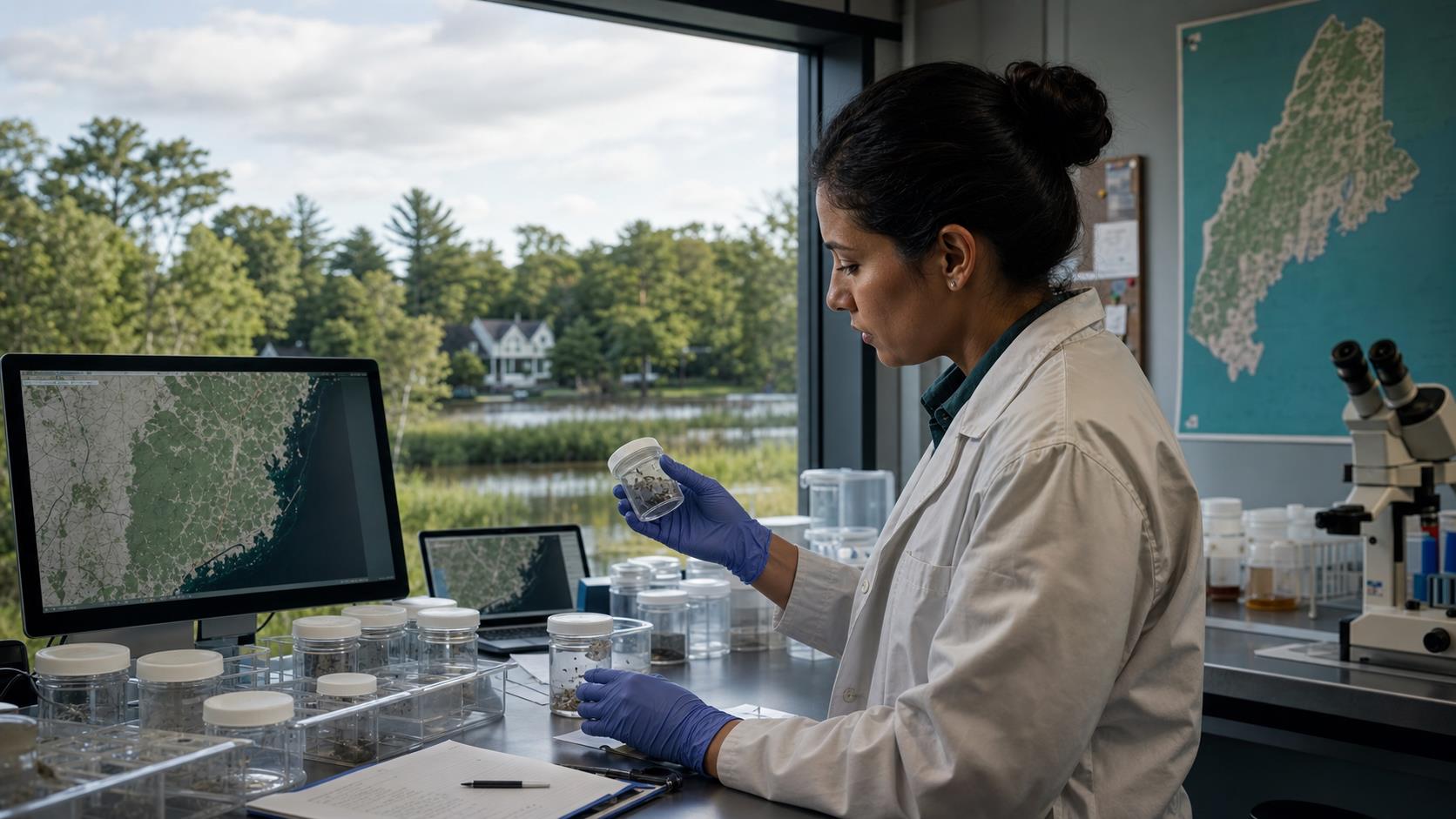 A public-health scientist reviews mosquito surveillance samples and mapping data near a wetland edge as climate conditions shift disease-monitoring needs.