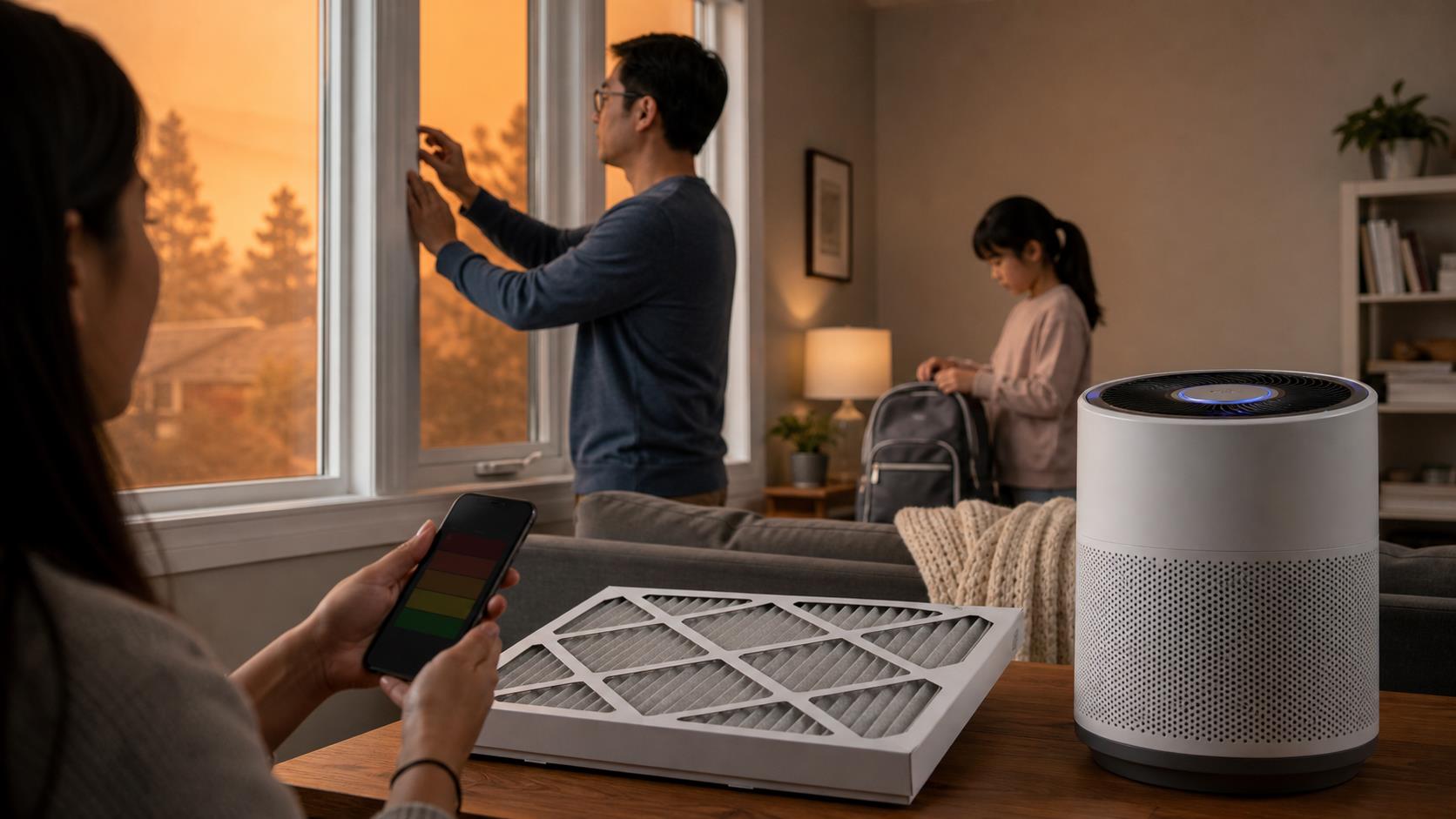 A household prepares for wildfire smoke by closing windows, checking air quality, using an air purifier, and keeping a clean HVAC filter ready.