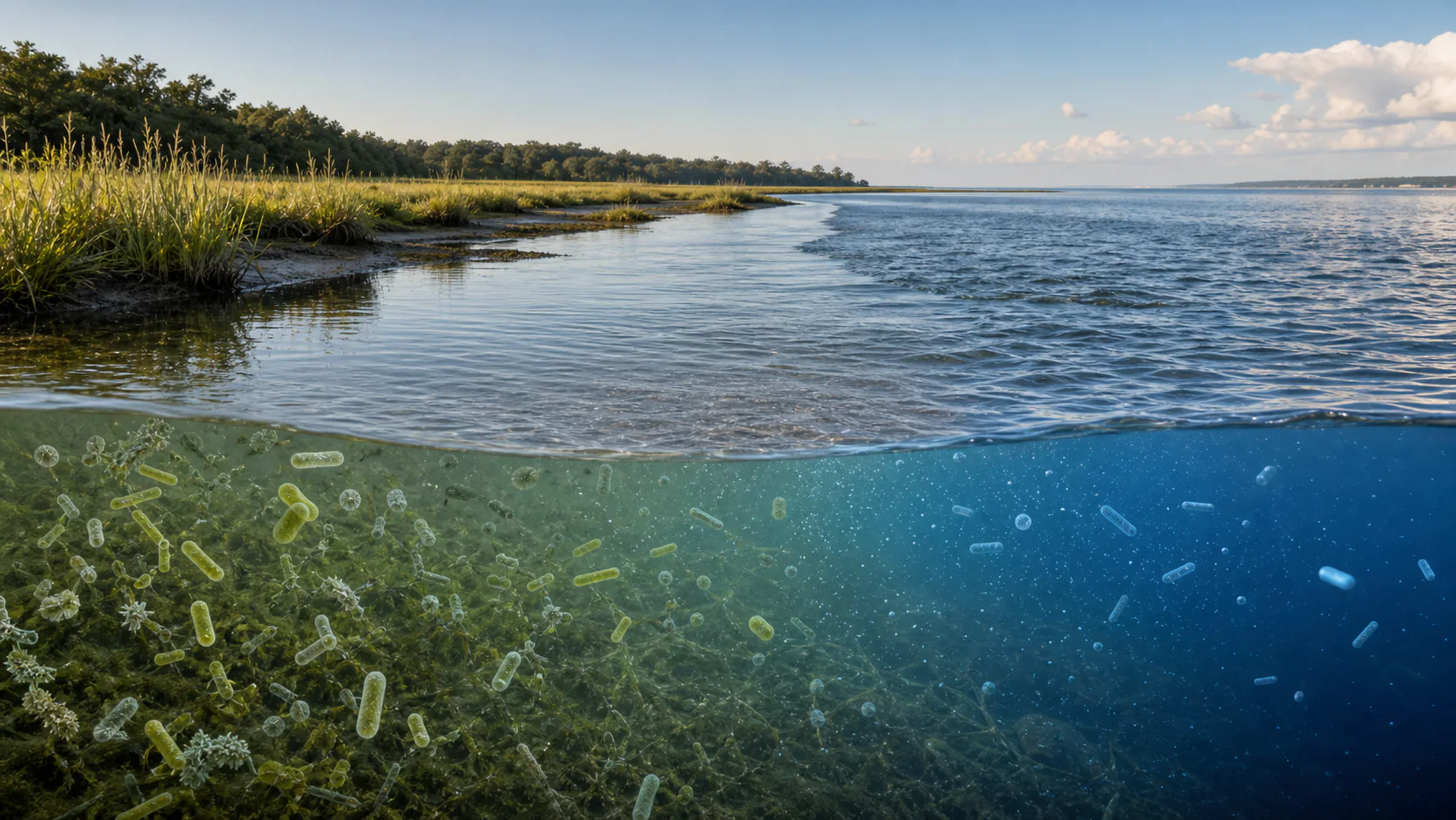 An estuary transitions from freshwater marsh to saltier coastal water while a subtle underwater view shows microbial diversity thinning along the salinity gradient.