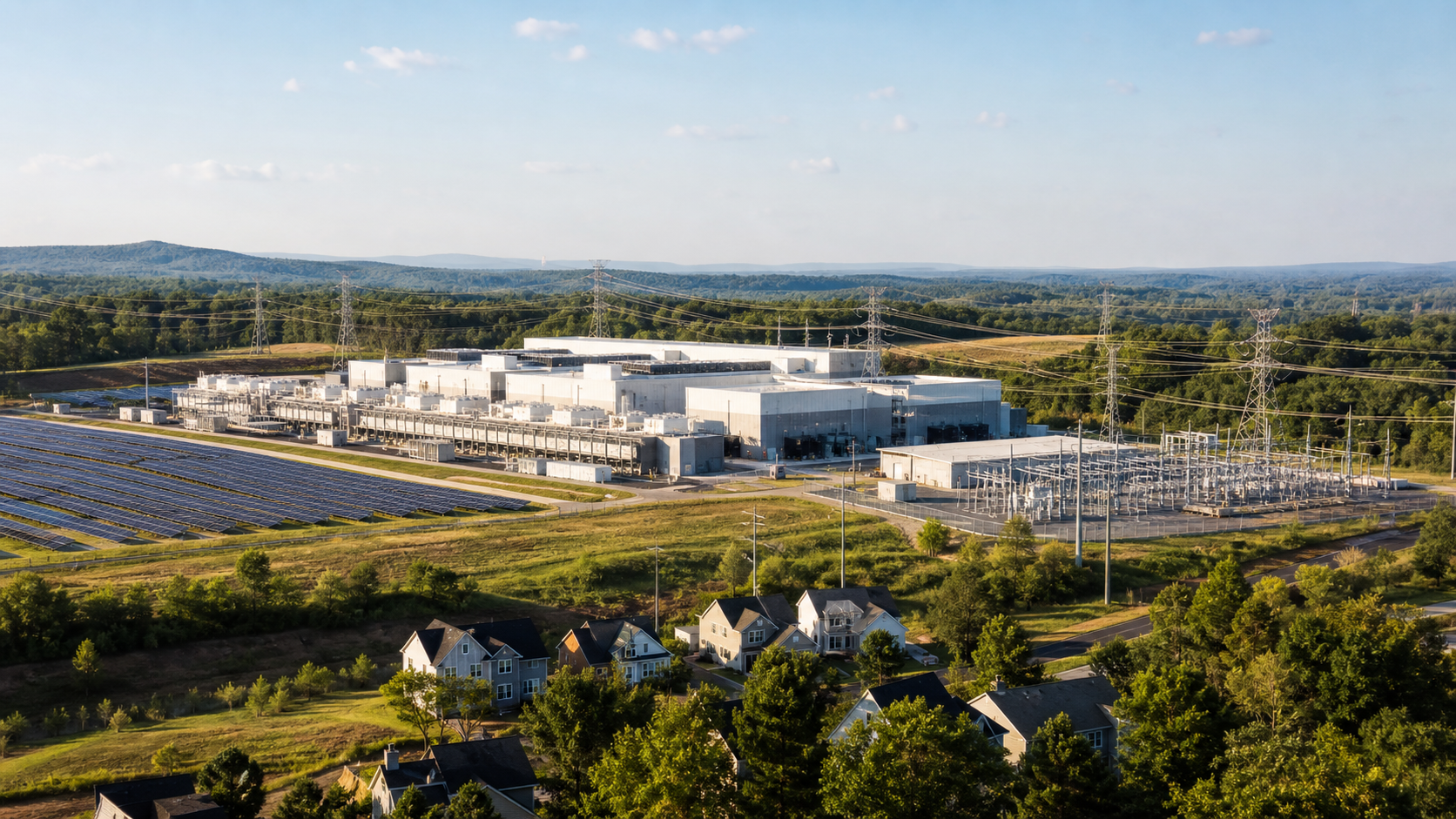 A Virginia data-center campus and substation sit beside solar panels, transmission lines, and nearby homes during a debate over electricity demand and clean-energy rules.