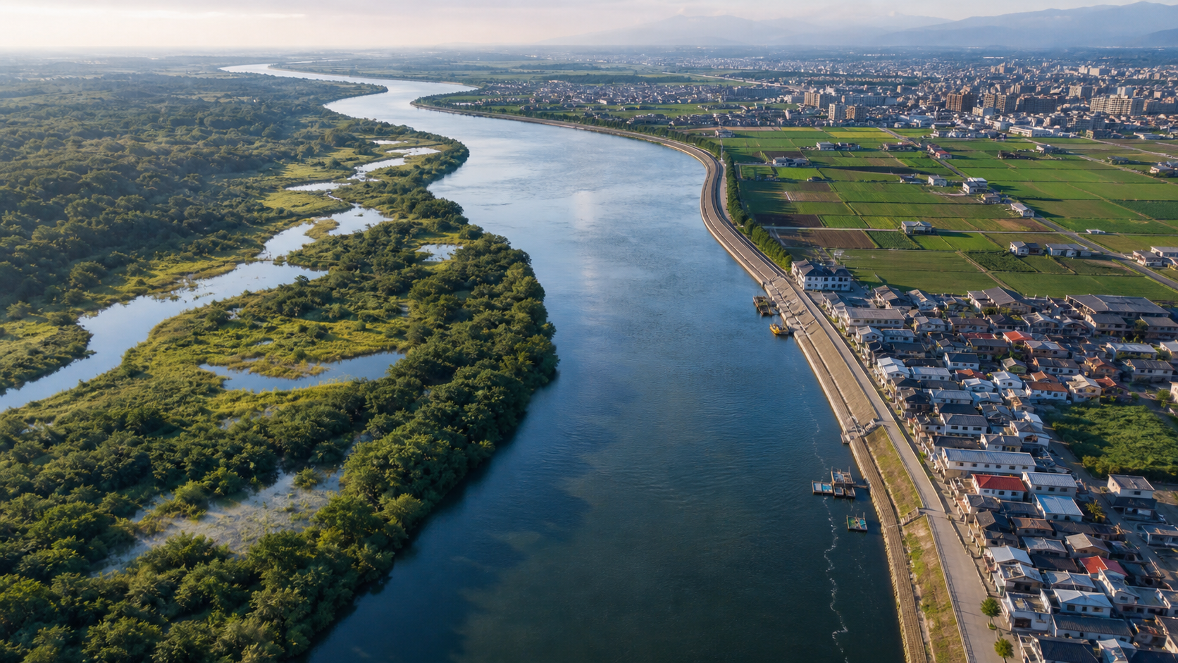 A wide river separates intact wetlands and riparian forest from farmland, roads, levees, and dense built development along the opposite bank.
