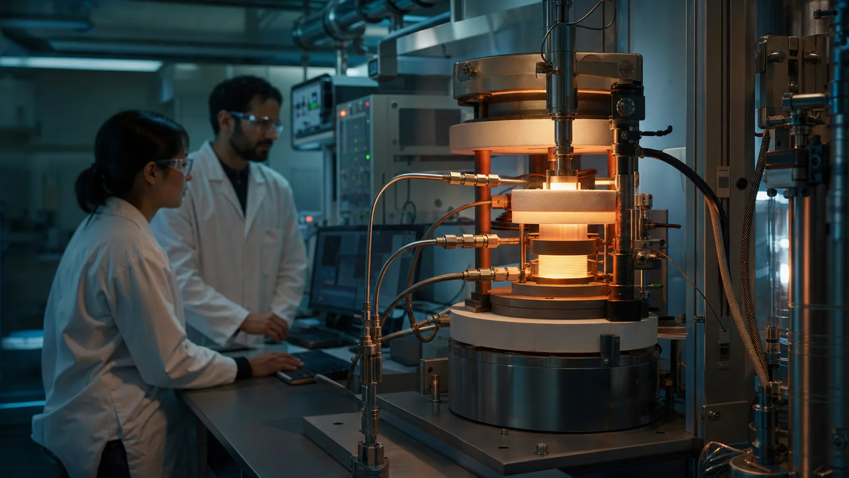 Researchers monitor a glowing high-temperature solid oxide electrolysis test cell with ceramic components and gas lines in a clean-energy laboratory.