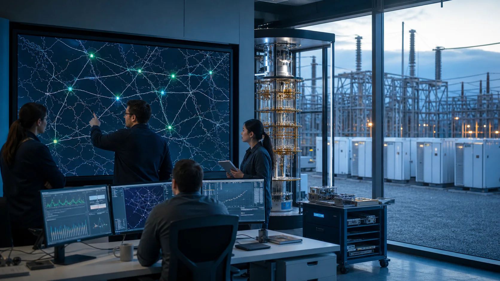 Grid planners compare candidate battery locations on a network display beside quantum-computing research hardware, a substation, and utility battery containers.