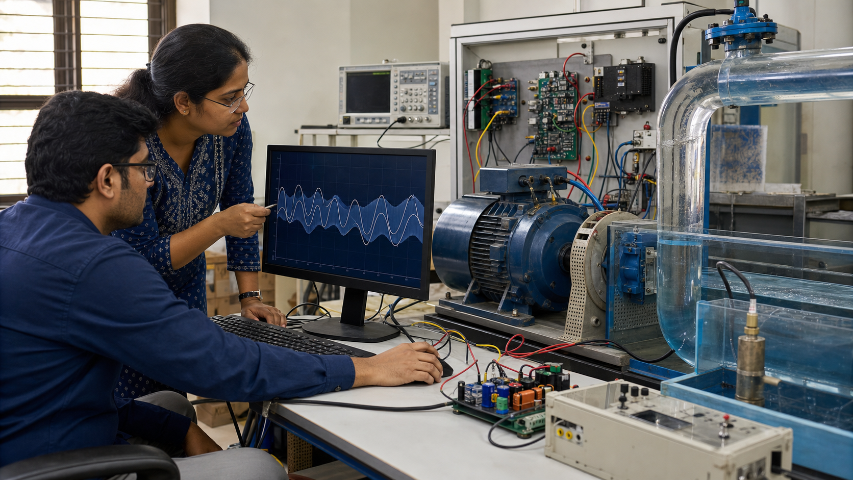Two electrical researchers study predicted voltage waveforms beside a compact laboratory micro-hydro generator, electronic controller, sensors, and water-flow test loop.