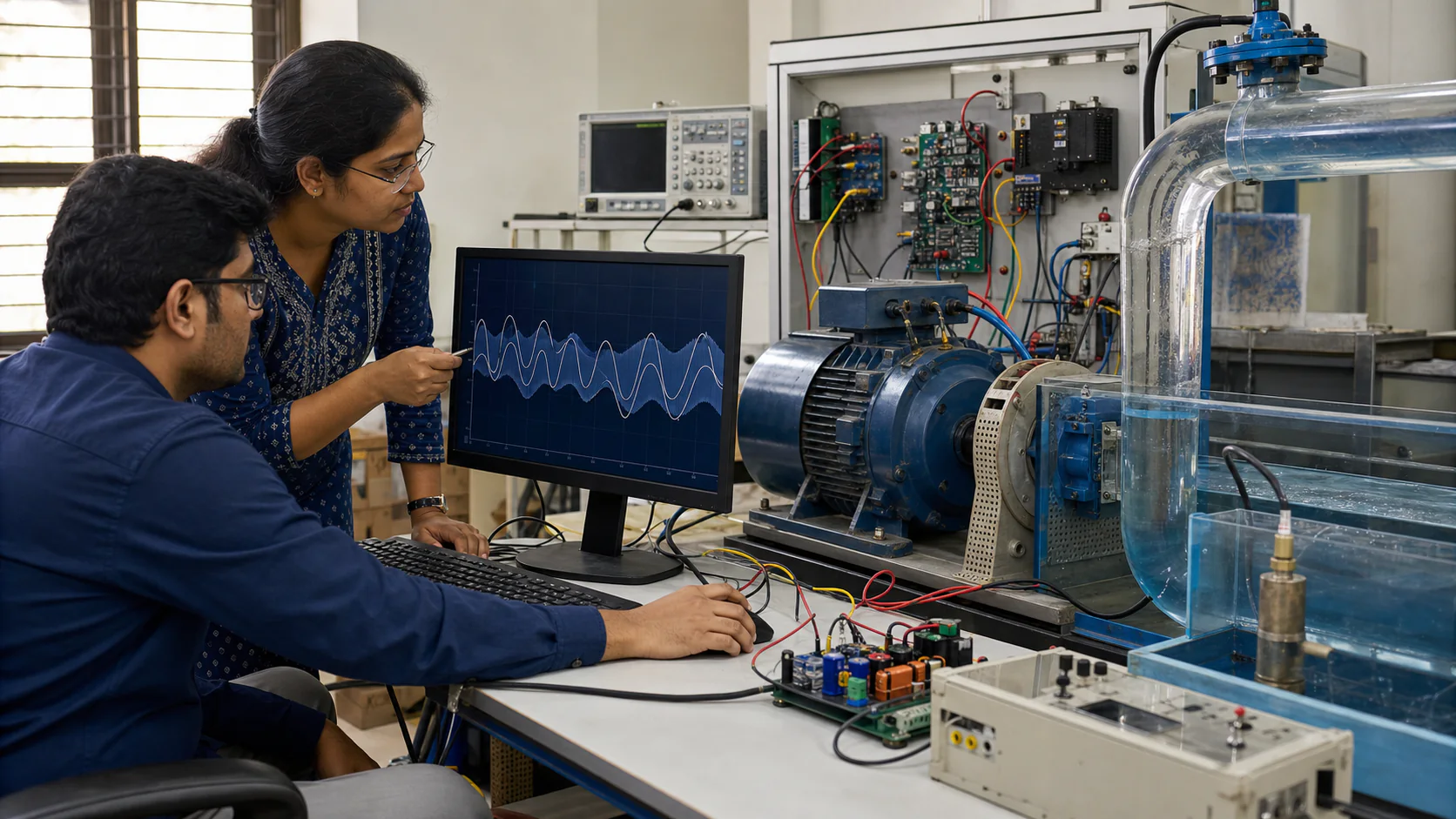 Two electrical researchers study predicted voltage waveforms beside a compact laboratory micro-hydro generator, electronic controller, sensors, and water-flow test loop.