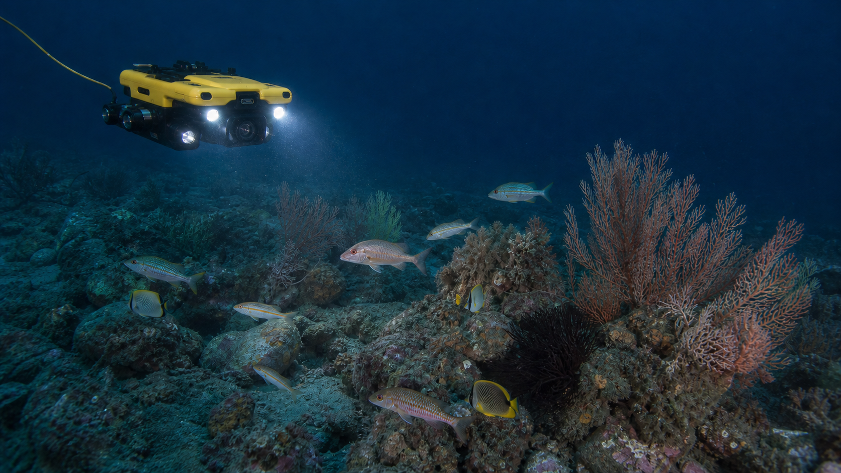 An unbranded scientific underwater drone observes a patchy deep-water coral garden and reef fish on a rocky Gulf of Guinea seafloor.