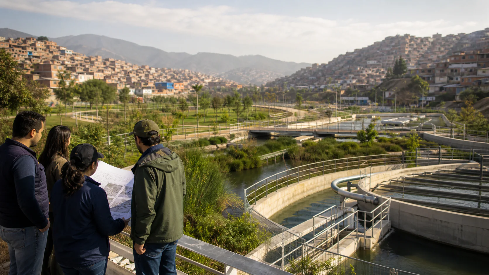 Municipal planners review a representative urban water-reuse and green-space project in a densely built Latin American hillside community.