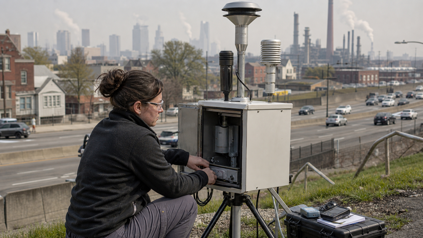 An air-quality technician checks a particulate-monitoring instrument beside a roadway in a representative hazy U.S. industrial neighborhood.