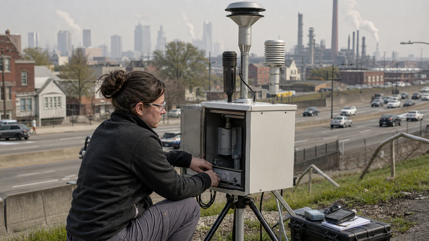 An air-quality technician checks a particulate-monitoring instrument beside a roadway in a representative hazy U.S. industrial neighborhood.