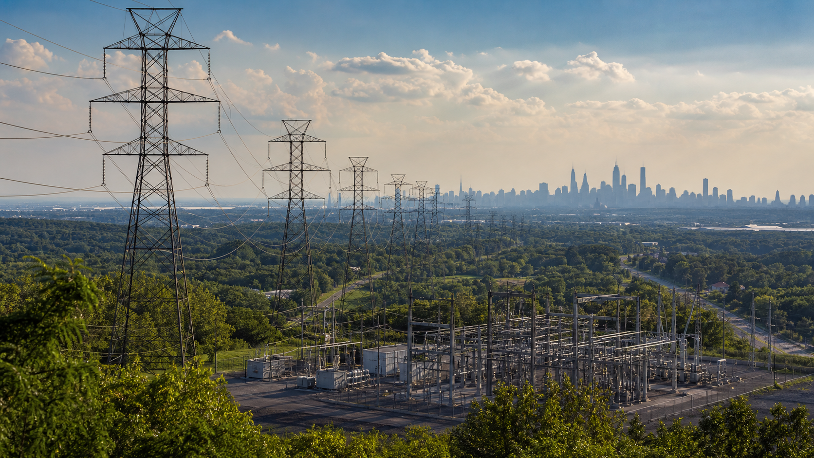 Representative high-voltage transmission towers and a substation extend toward a distant New York skyline during a hot summer afternoon.