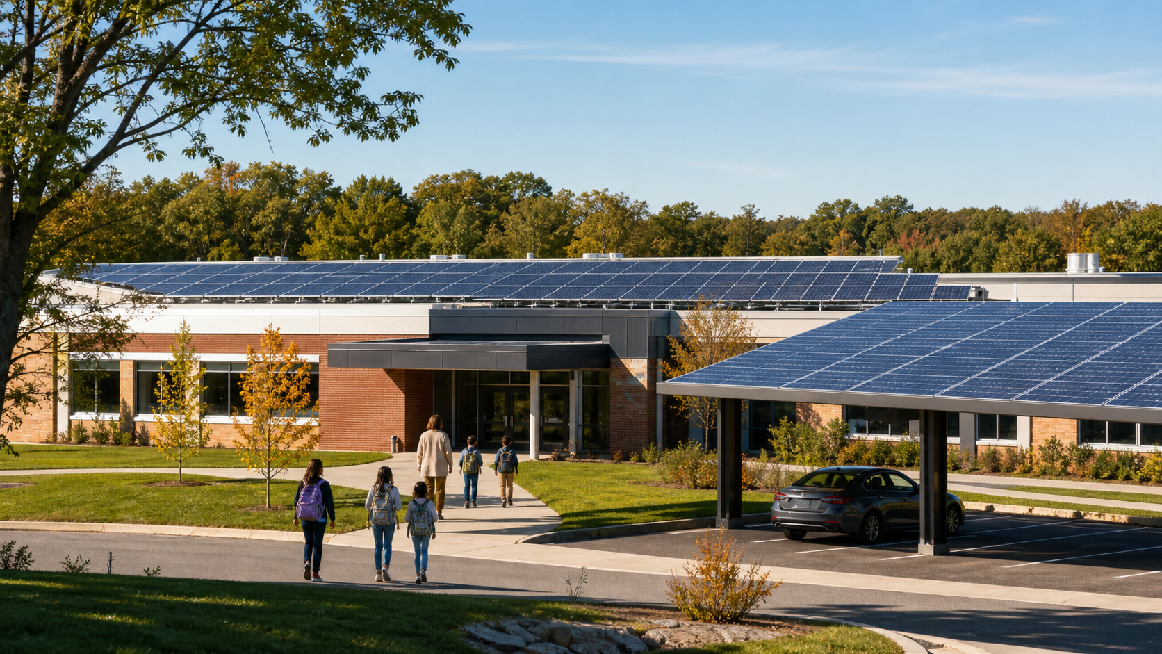 Students and a teacher walk toward a representative Pennsylvania public school with operating rooftop solar panels and a solar-panel carport on a clear morning.