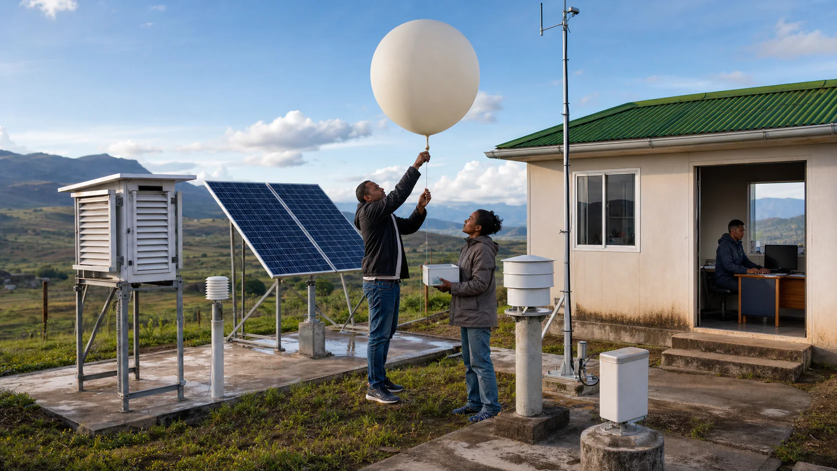 Meteorological technicians launch a weather balloon beside solar panels and ground instruments at a representative highland observation station.