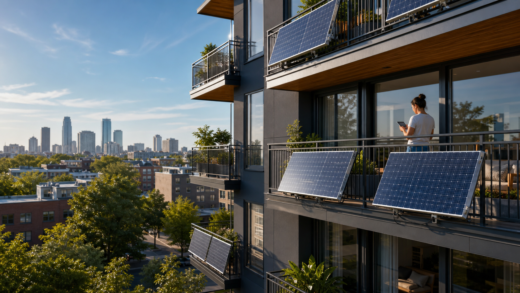 Balcony-mounted solar panels line a modern U.S. apartment building in bright morning light.