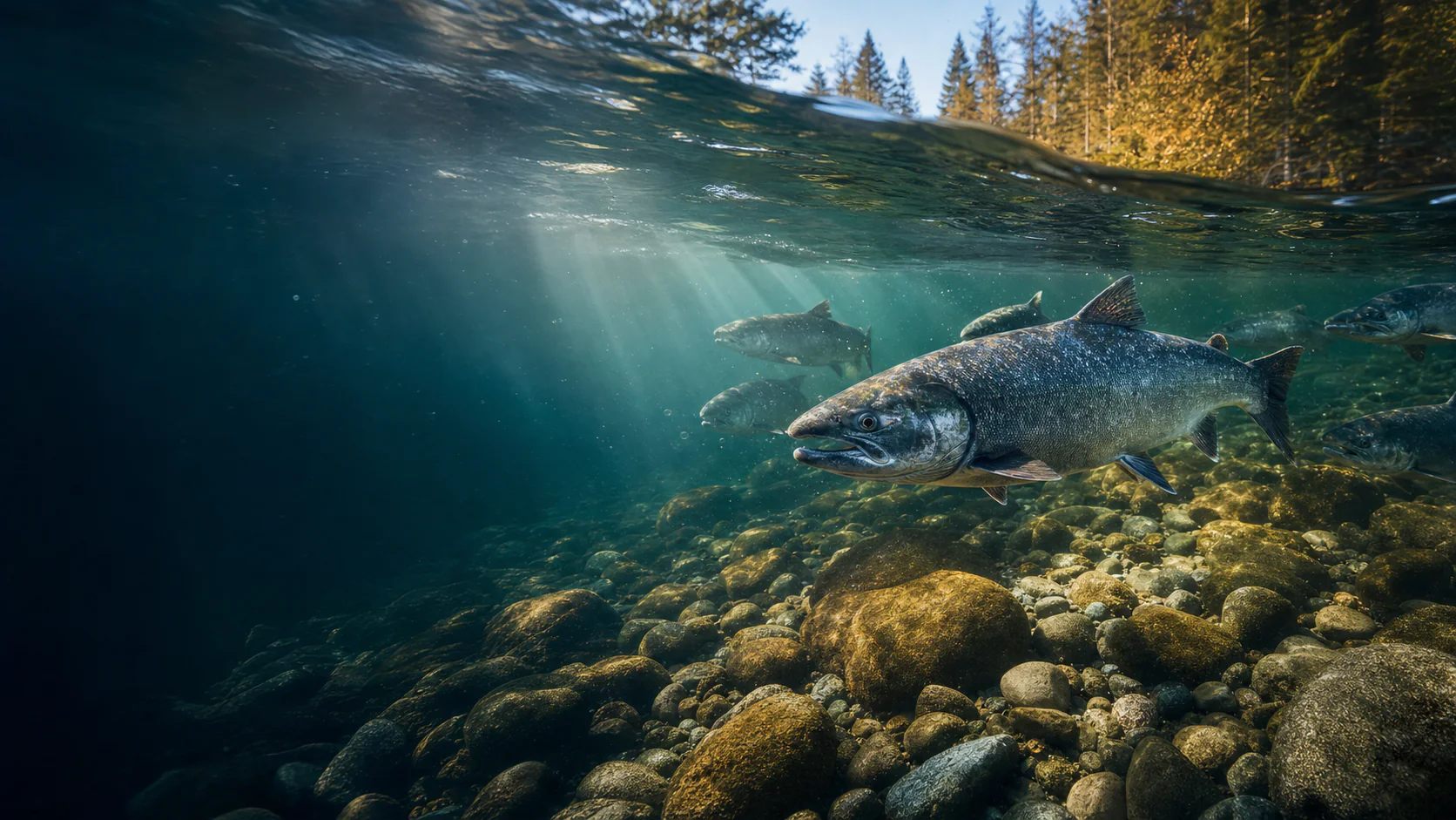 Chinook salmon swim upstream in a clear northern California river beneath shafts of sunlight.