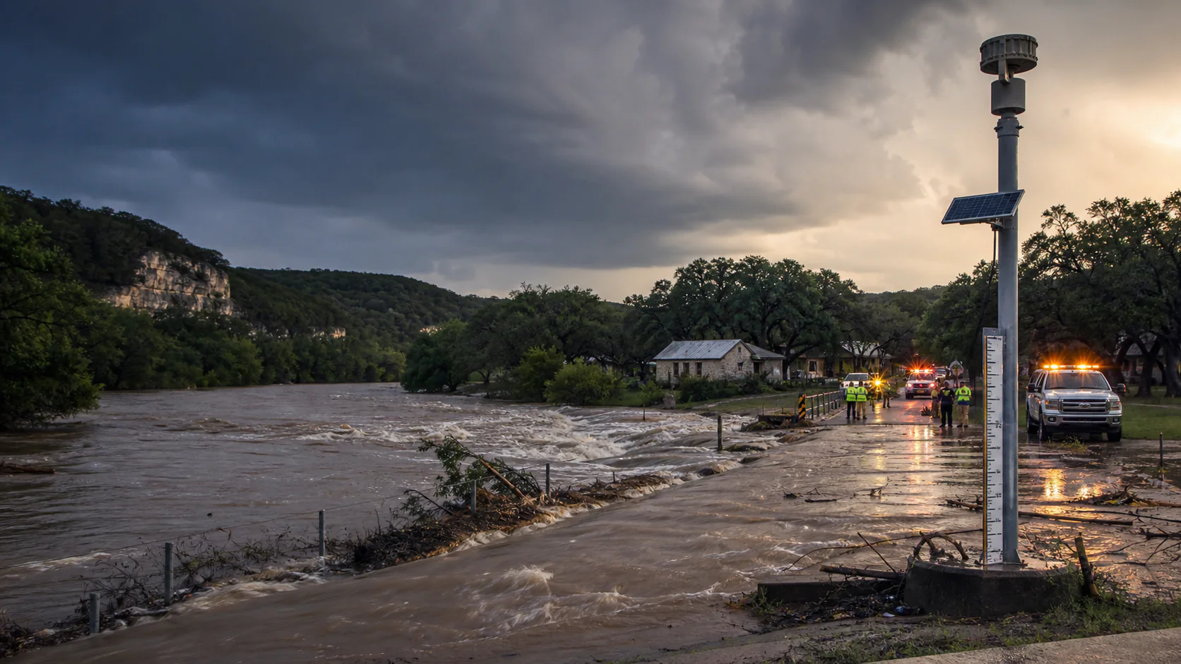 Floodwater crosses a Texas Hill Country road near a river gauge, warning siren, and emergency responders.