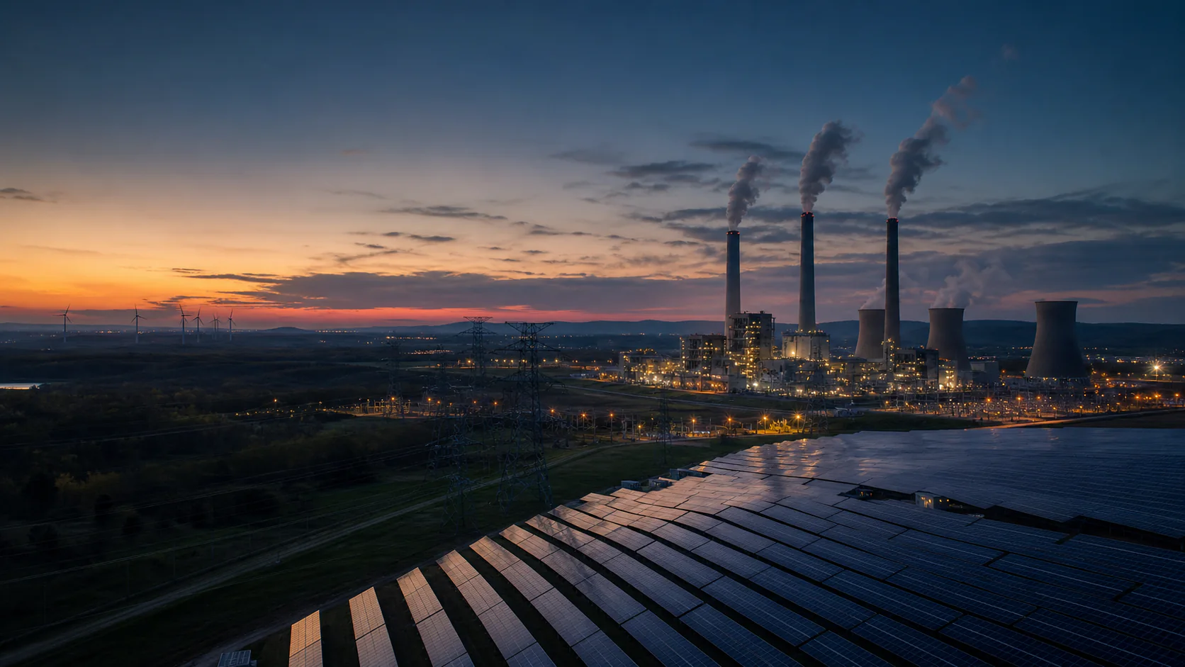 A U.S. power plant, transmission grid, and solar farm at dusk illustrate changing electricity emissions.