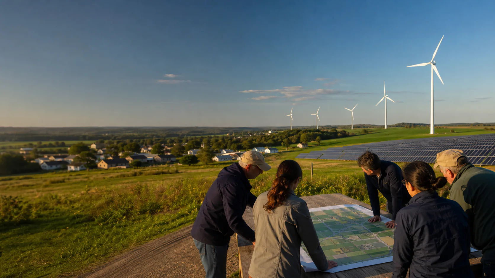 Community planners review a clean-energy siting map beside farmland, solar panels, and wind turbines.