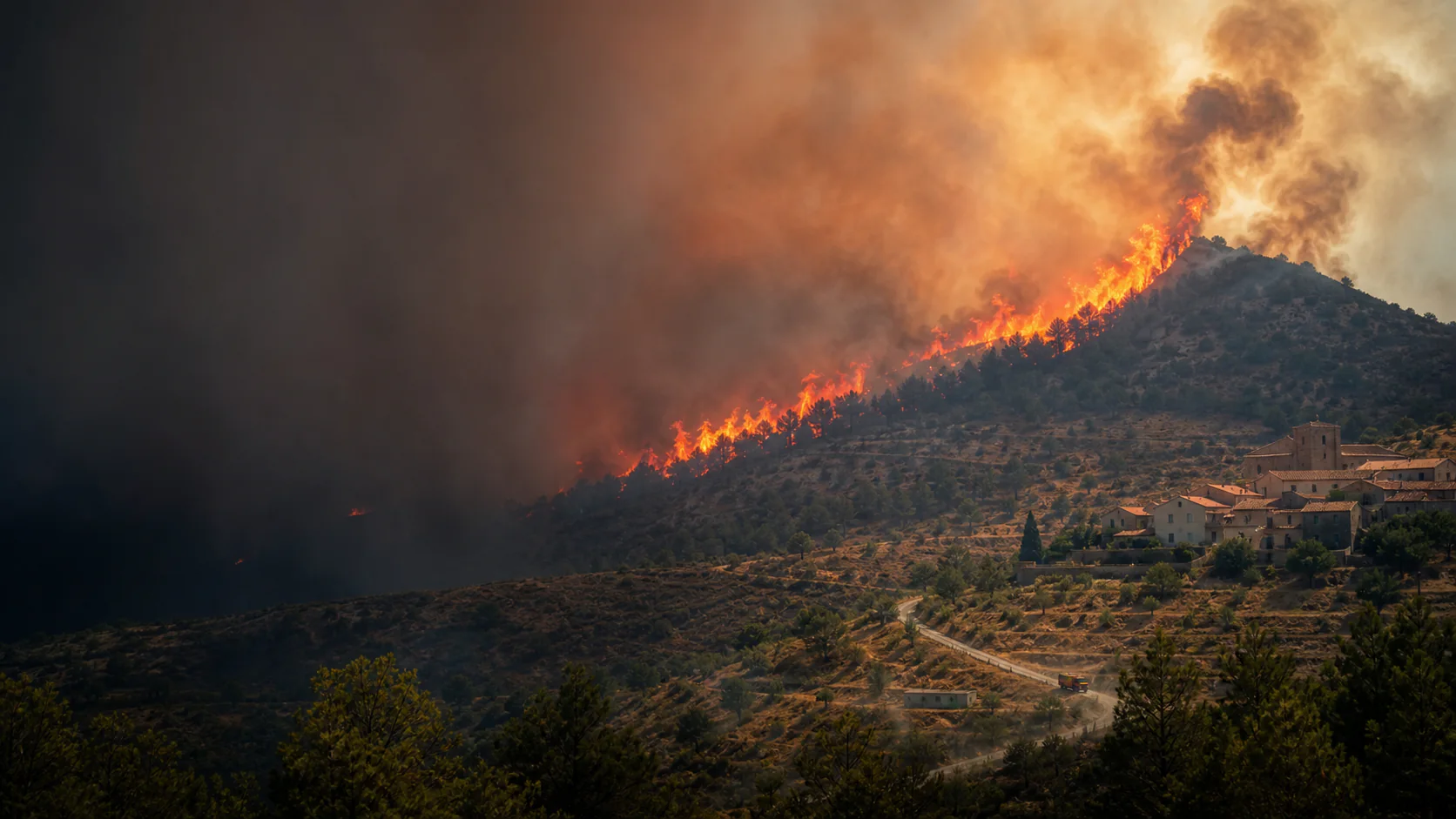 Wildfire burns across a dry Mediterranean ridge above a Spanish village under dense smoke.