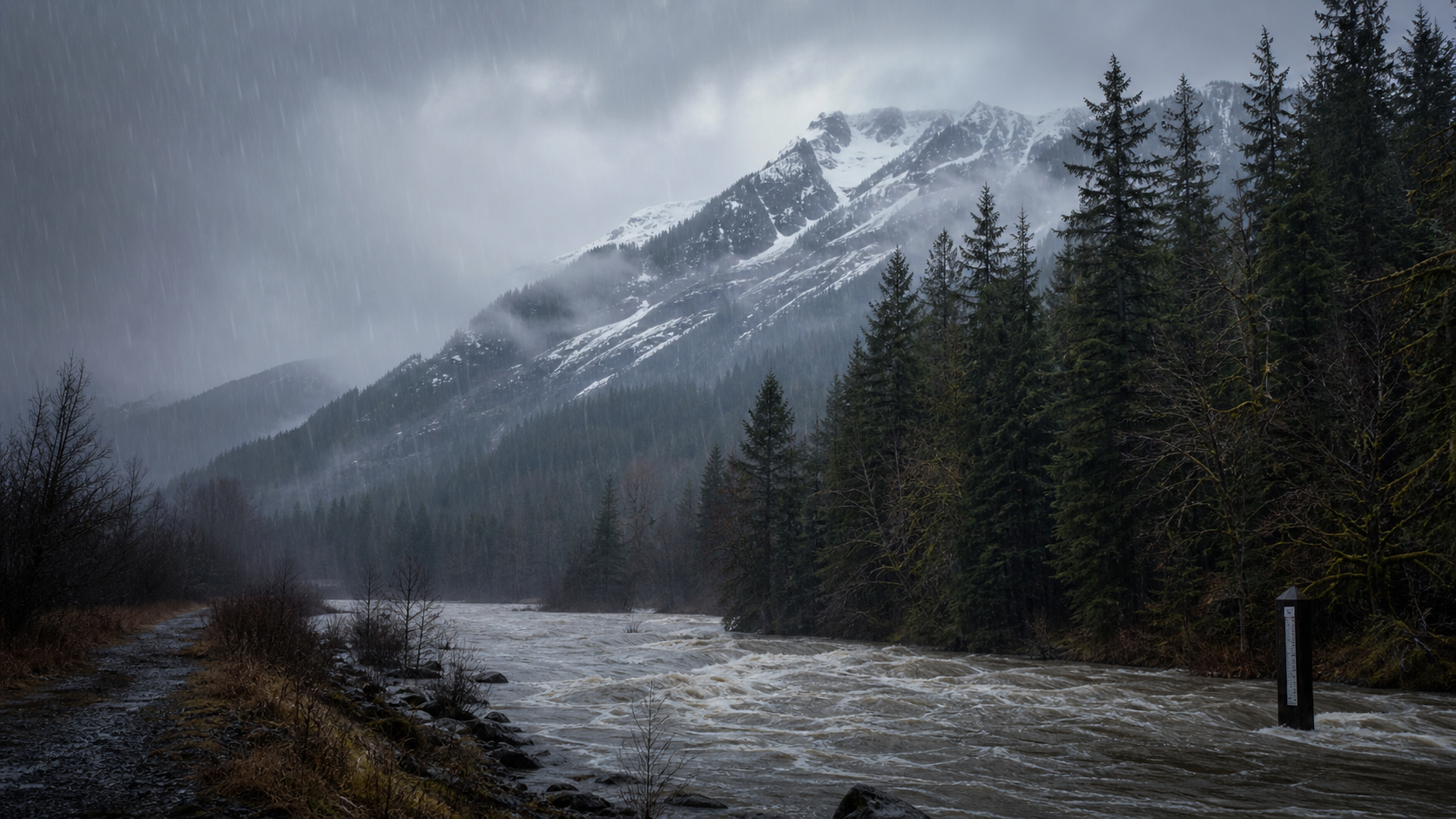 Heavy winter rain falls over a swollen Cascade river beneath a high mountain snow line in Washington.