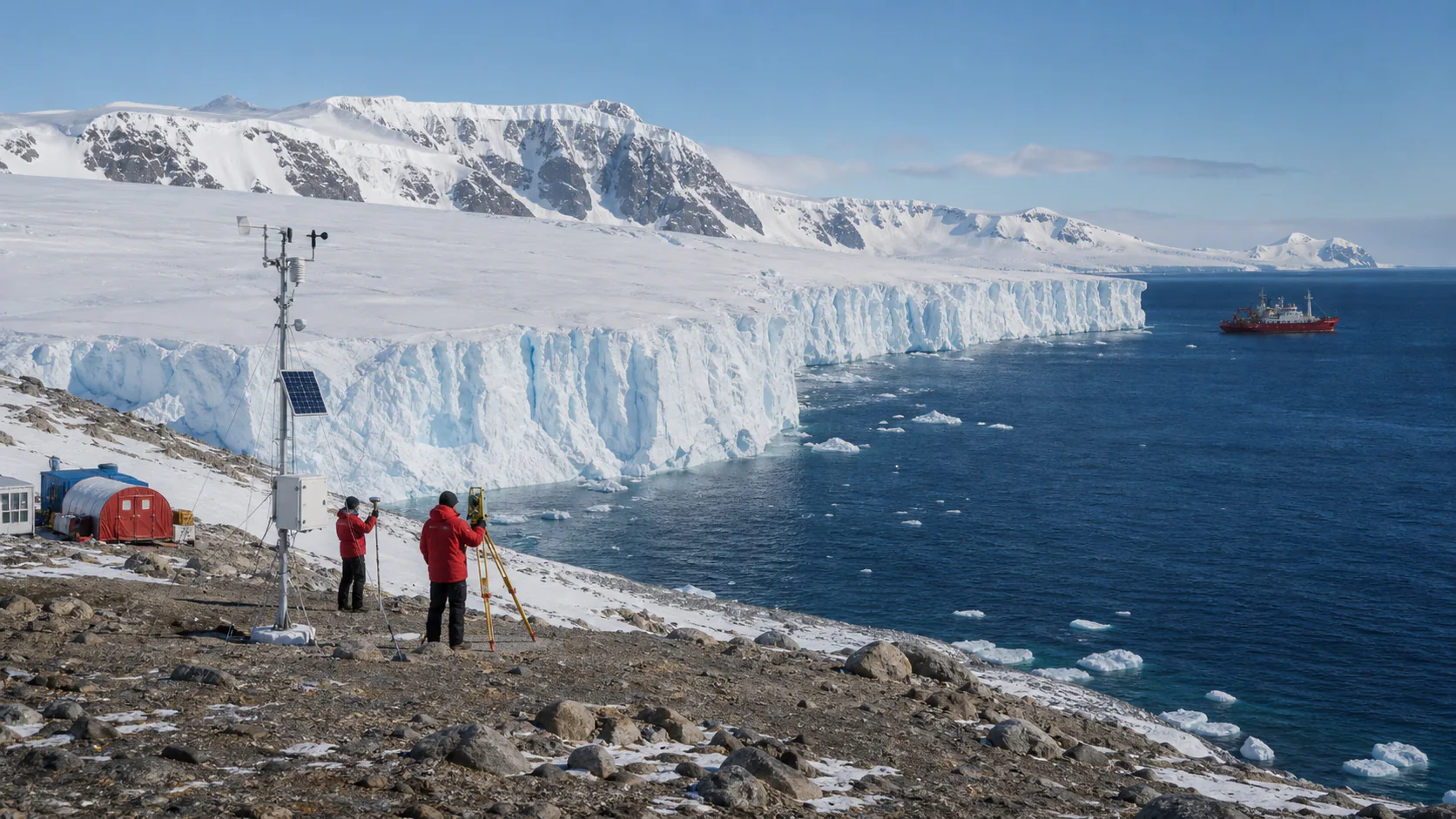 Researchers monitor an Antarctic coastal glacier with field instruments while a research vessel waits offshore.