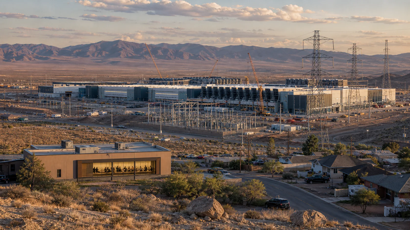 A large data-center campus under construction draws power beside a dry-land community where residents meet nearby.