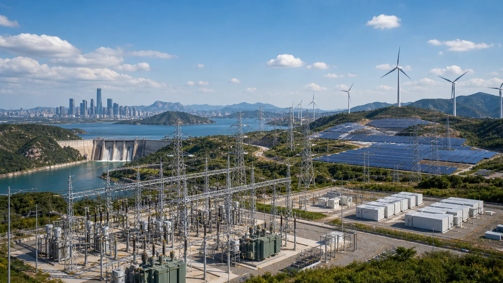 A modern power grid links a substation, battery storage, hydropower, solar panels, wind turbines, and a distant city.