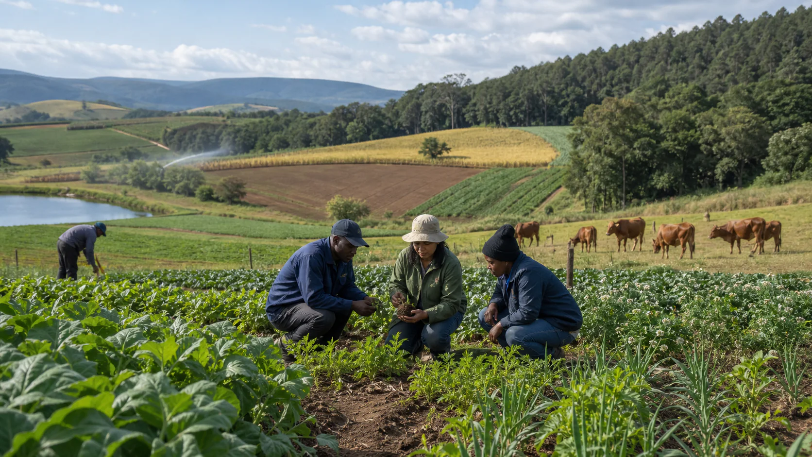 Farm workers inspect soil among diverse vegetable and legume crops, with efficient irrigation, forest, and a smaller cattle herd beyond.