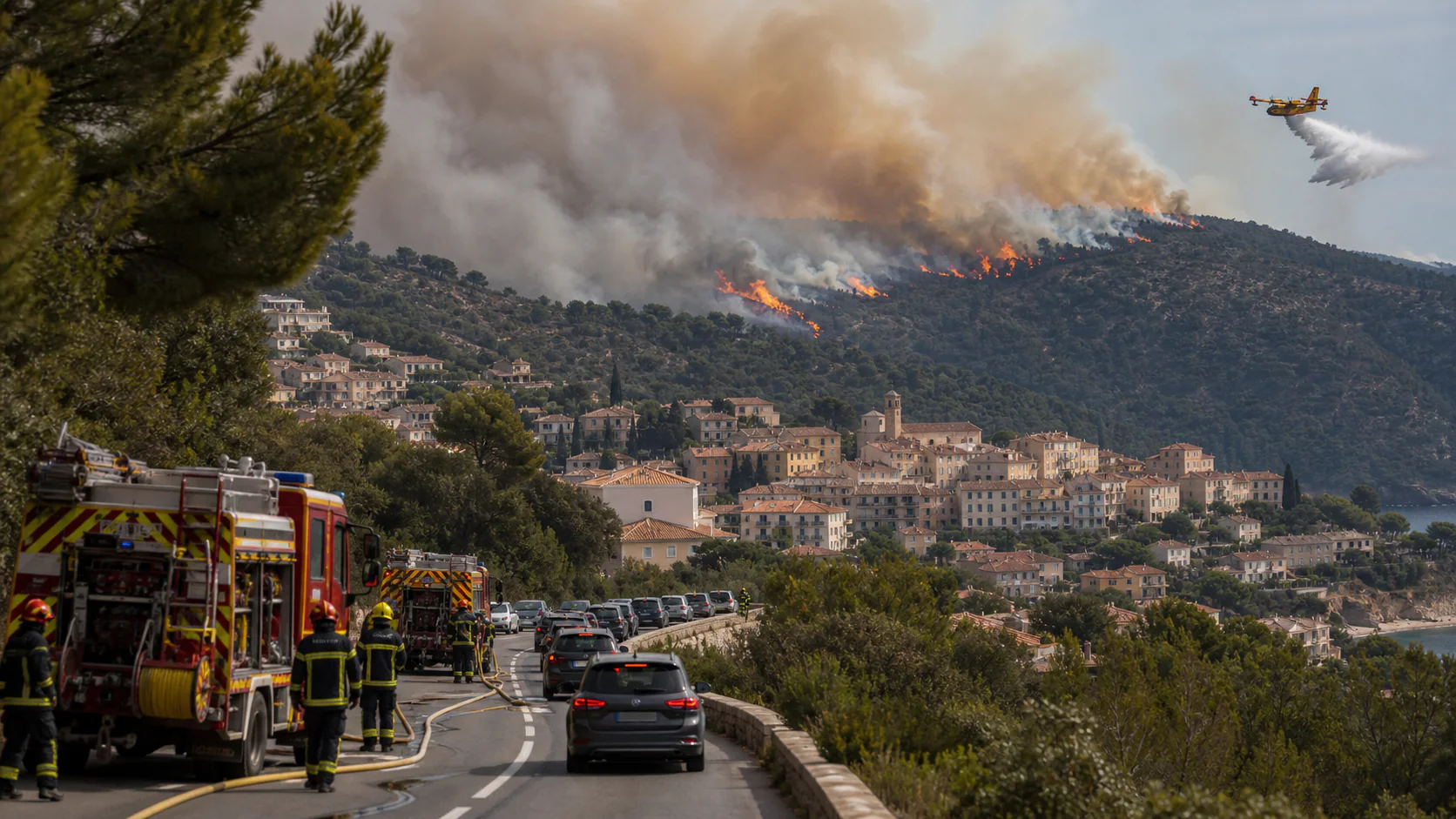 Firefighters and evacuating cars move along a coastal road as a Mediterranean wildfire burns above a southern French town.