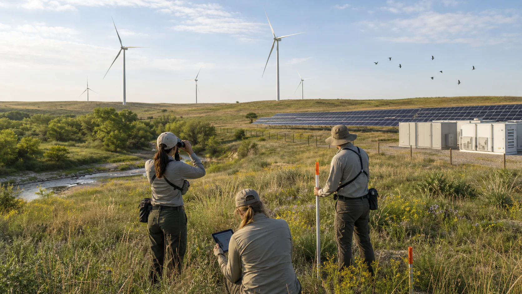 A field team surveys birds and native prairie near wind turbines, solar panels, battery storage, and a Texas creek corridor.