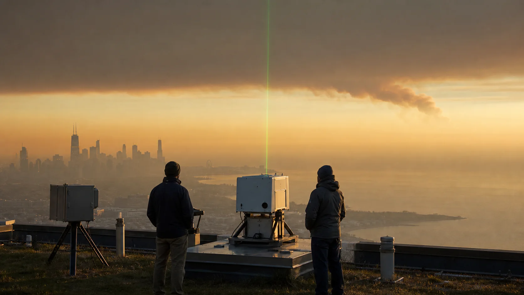Scientists operate a Doppler lidar beneath layered wildfire haze over a Great Lakes city and shoreline.