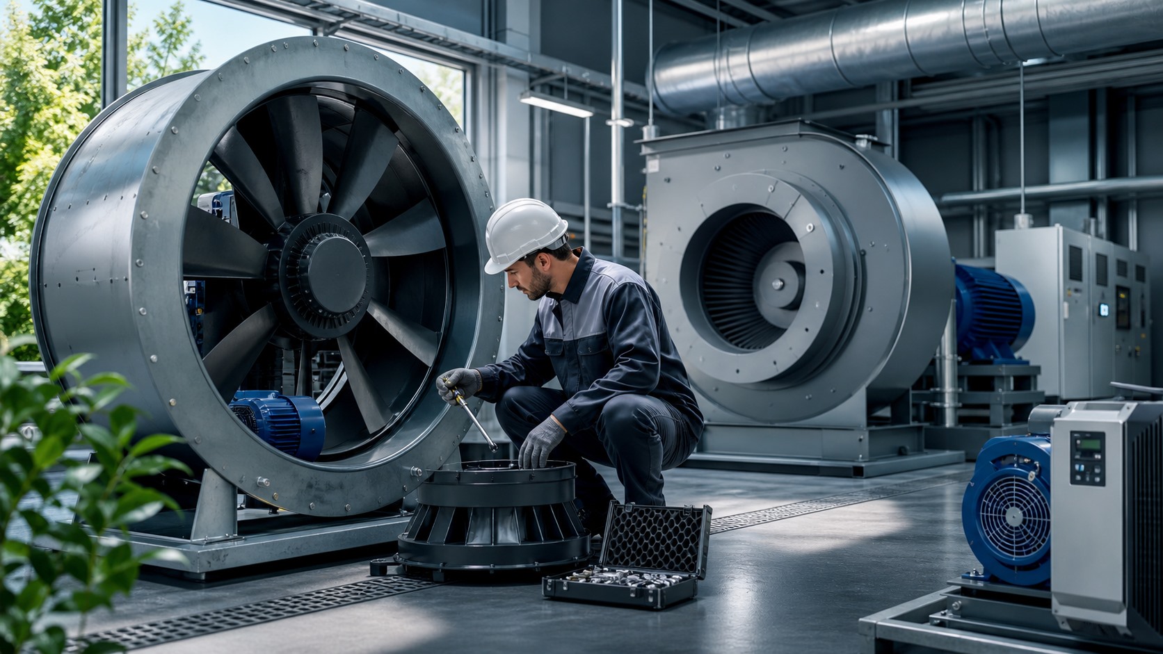 A technician services efficient industrial ventilation fans and replaceable motor components in a modern plant room.