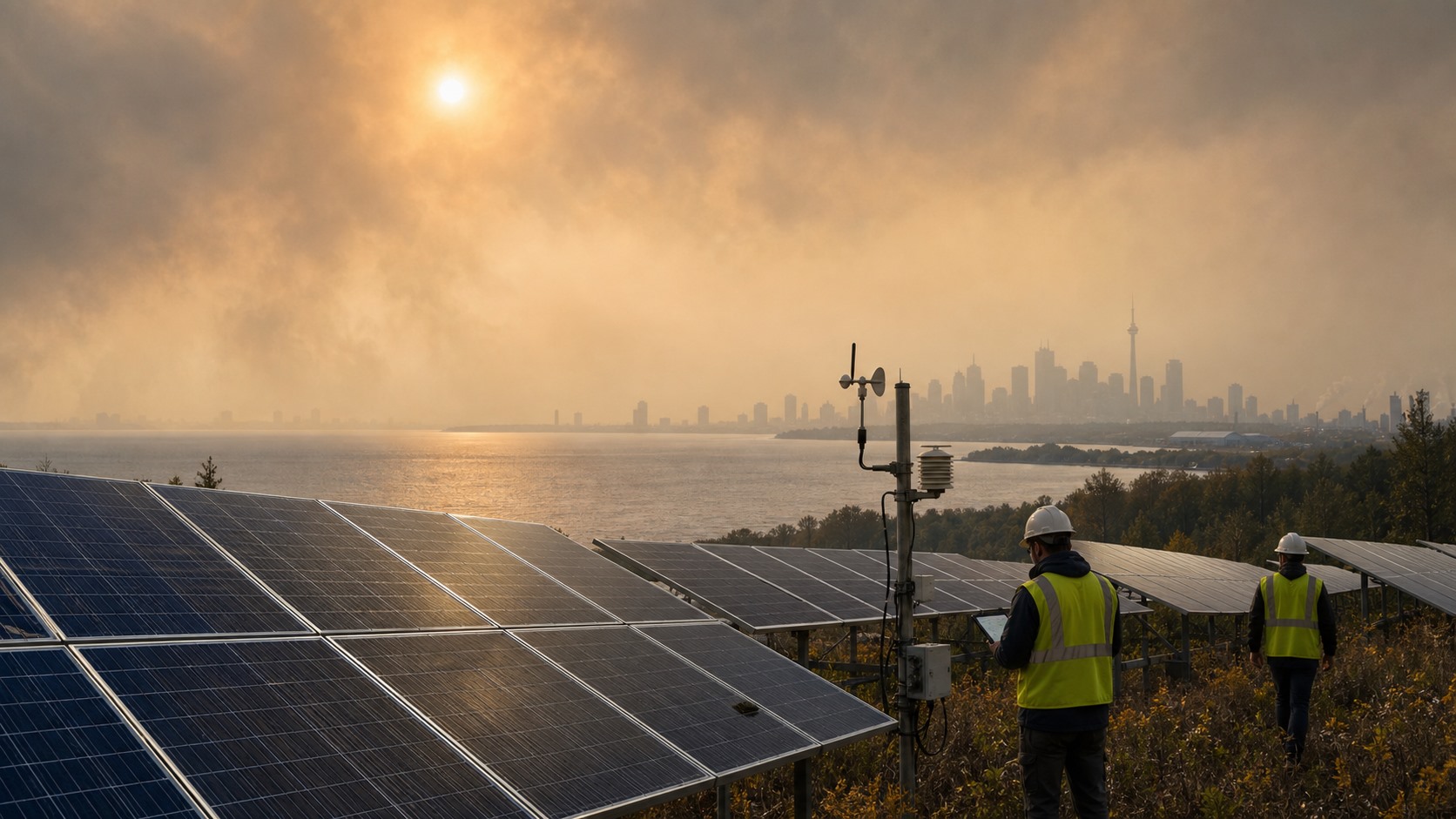 Solar panels and monitoring equipment operate beside a Great Lakes shoreline beneath thick wildfire-smoke haze.