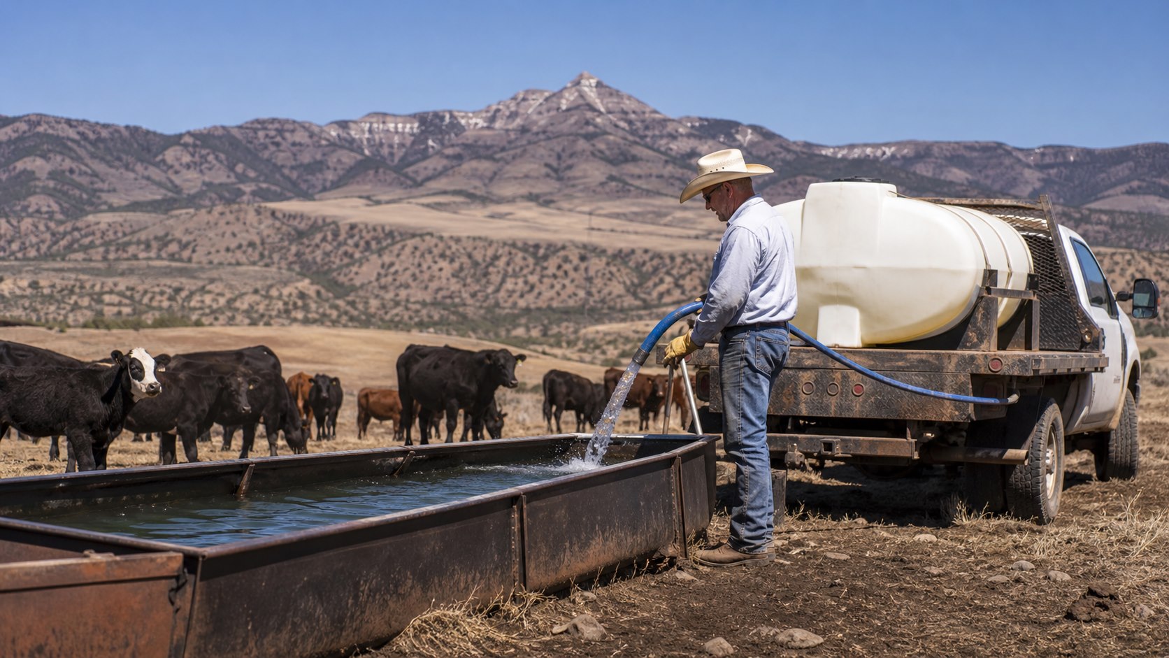 A Colorado rancher fills a livestock trough from a truck-mounted water tank beneath nearly snowless mountains.