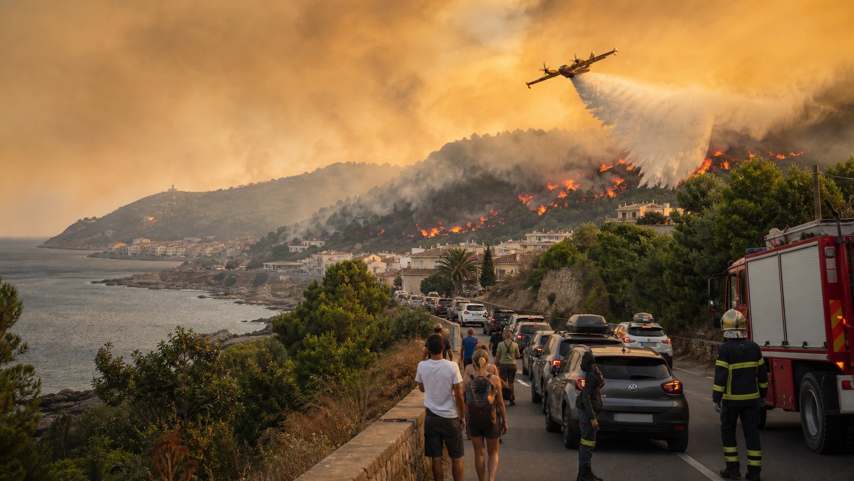 Firefighters, evacuation traffic, and a water-dropping aircraft respond to a fast-moving wildfire above a Mediterranean coastal town.
